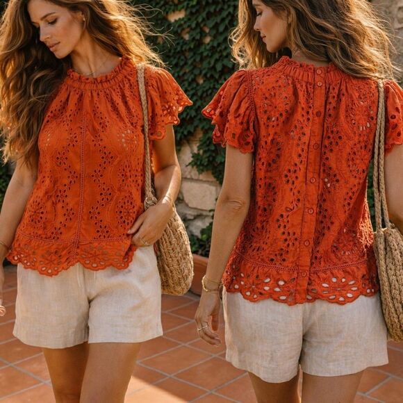 Jennifer & Grace Tops - Jennifer Grace S Eyelet Orange Ruffle Button Bk Boho Festival Sheer Cottage Top